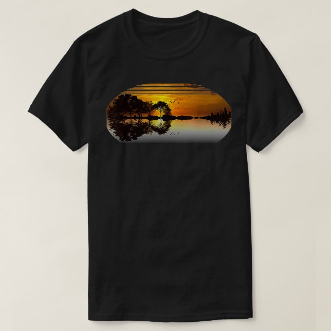 Camiseta Guitar Sunset Sky Trees City Lake Speci (Frente do Design)