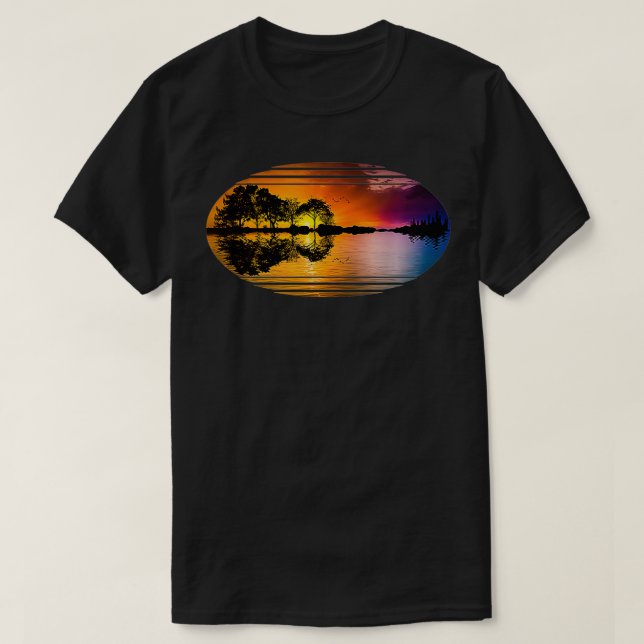 Camiseta Guitar Sunset Sky Trees City Lake Speci (Frente do Design)