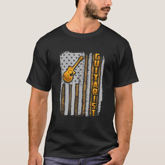 Camiseta Guitarista Orgulhoso - Violão Com Bandeira America (Frente)