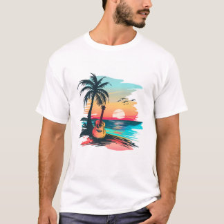 Camiseta Guitarra do Pôr do Sol Tropical Praia Arte | Músic