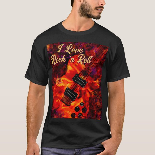 Camiseta Guitarra Elétrica em Fire Red Black Love Rock n Ro (Frente)