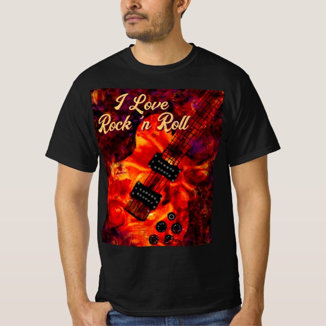 Camiseta Guitarra Elétrica em Fire Red Black Love Rock n Ro (Frente)