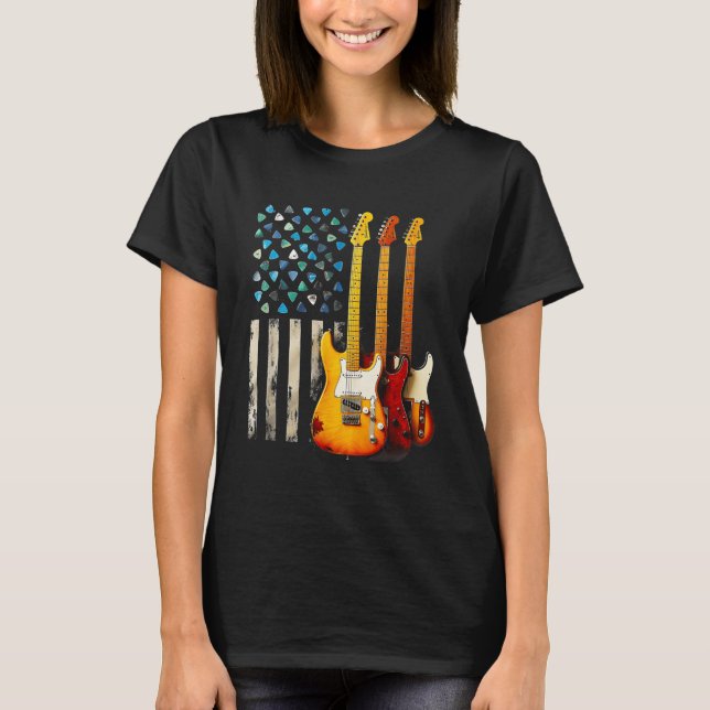 Camiseta Guitarra Elétrica Rock N Roll Retro Bandeira Ameri (Frente)