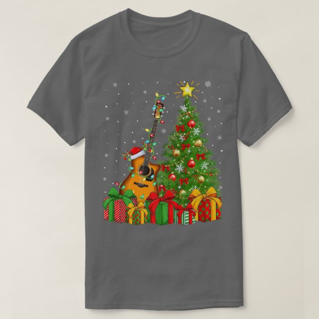 Camiseta Guitarra Música Iluminação Xmas Árvore Santa Hat G (Frente do Design)