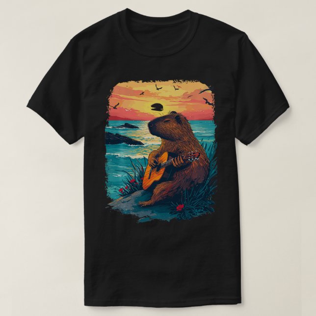 Camiseta Guitarra Tocando Capybara Tropical Sunset 1 (Frente do Design)