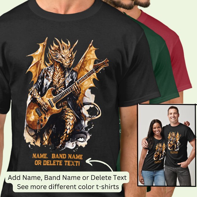 Camiseta Guitarra Tocando Dragão Alado Ouro, Adicionar Nome (Criador carregado)
