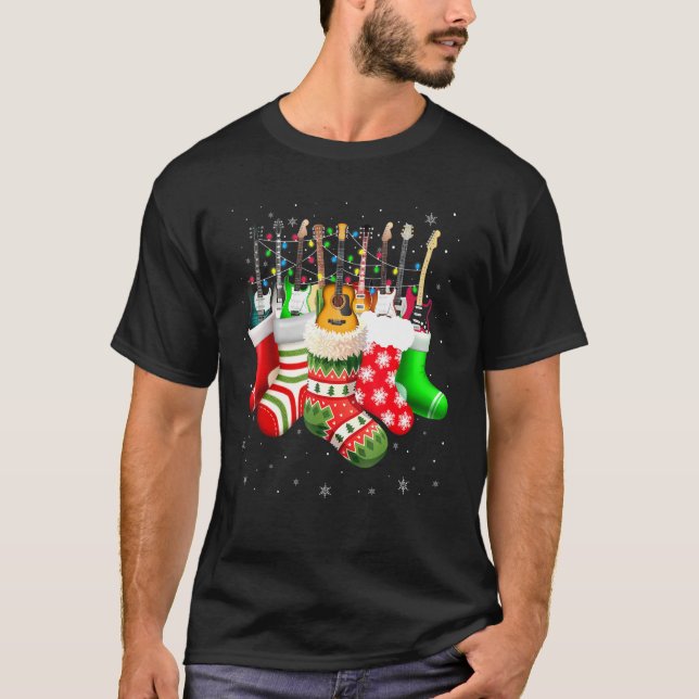 Camiseta Guitarras Em Luzes De Natal De Meias Música Adora  (Frente)