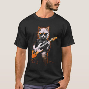 Camiseta Guitarrista de Gato de Rock Usando Óculos de Sol