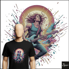 Camiseta Guitarrista de Rock Neon Saltando Mancha de Tinta