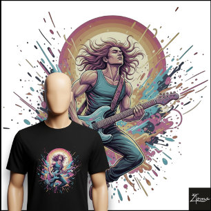 Camiseta Guitarrista de Rock Neon Saltando Mancha de Tinta