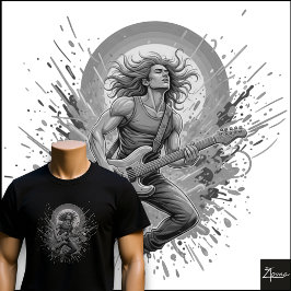 Camiseta Guitarrista de Rock Neon Saltando Mancha de Tinta