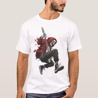 Camiseta Guitarrista Esqueleto com Capuz Vermelho em Ação d