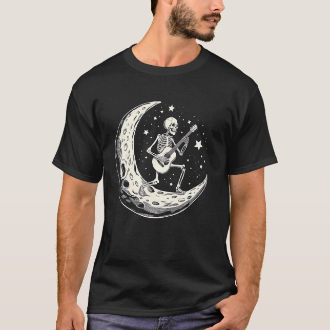 Camiseta Guitarrista Esqueleto Lua Crescente Estrelada Músi (Frente)