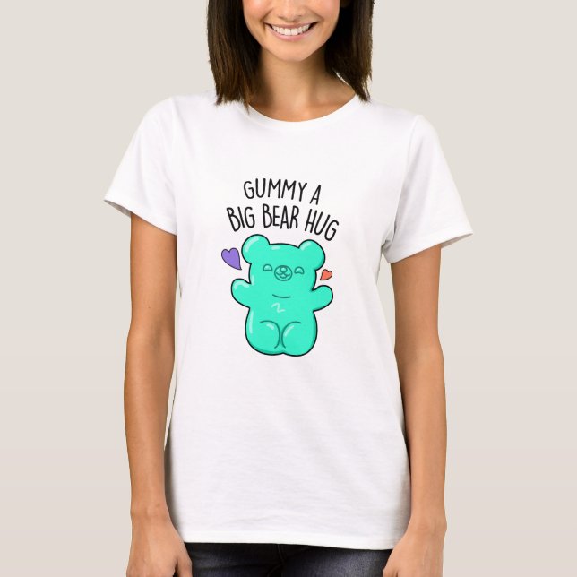 Camiseta Gummy Um Urso Grande Abraçando Doces Engraçados (Frente)