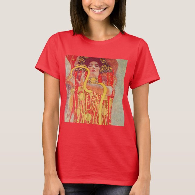 Camiseta Gustav Klimt Red Woman Dourada pintura Cobra (Frente)