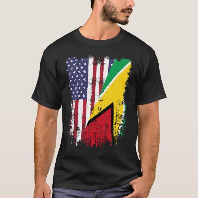 Camiseta Guyanese Roots Half American Flag Guyana Flag (Frente)