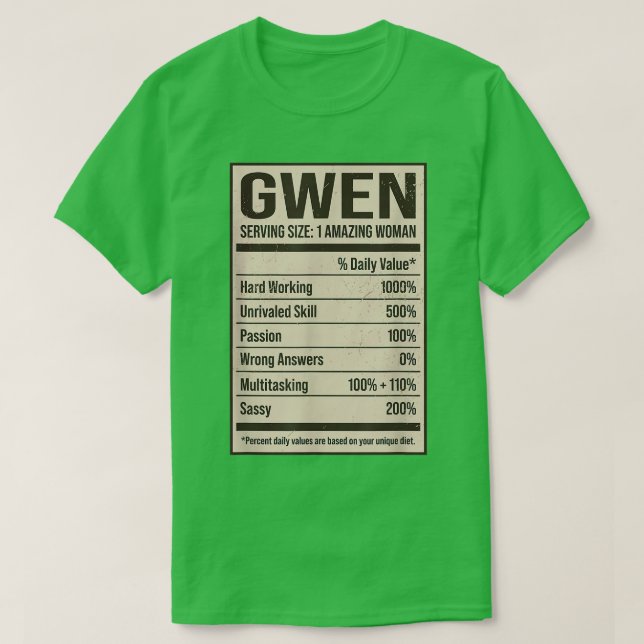 Camiseta Gwen Nutritrição Fatos Nome Apelido Alias Título F (Frente do Design)