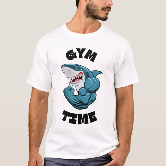 Camiseta Gym Time Flexing Shark - Funny Workout Fitness (Frente)