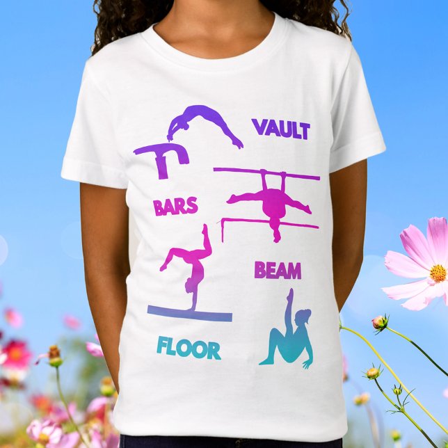 Camiseta Gymnase Feixe-Bares Rosa Turquesa Púrpura (Gymnastics Pink Purple Turquoise Vault Bars Beam T-Shirt)