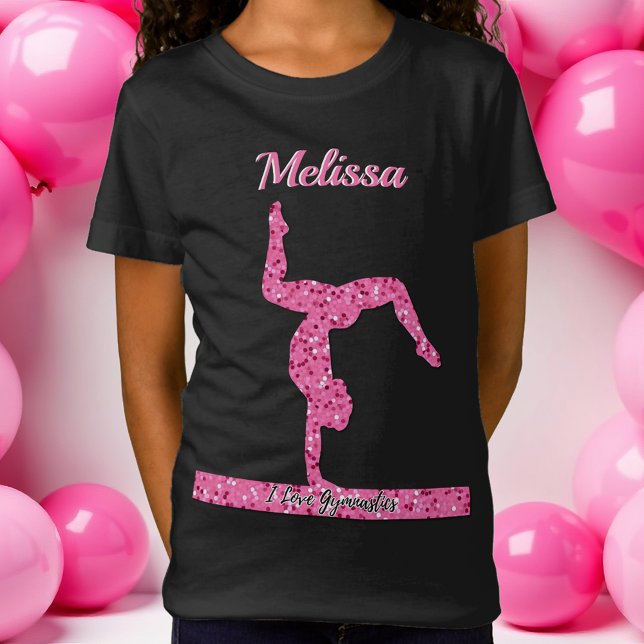 Camiseta Gymnastics Girl Sparkle Beam Rosa (Pink Gymnastics Girl Sparkle Balance Beam T-Shirt)