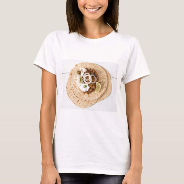 Camiseta Gyros pita com tzatziki coleslaw azeitonas e feta (Frente)