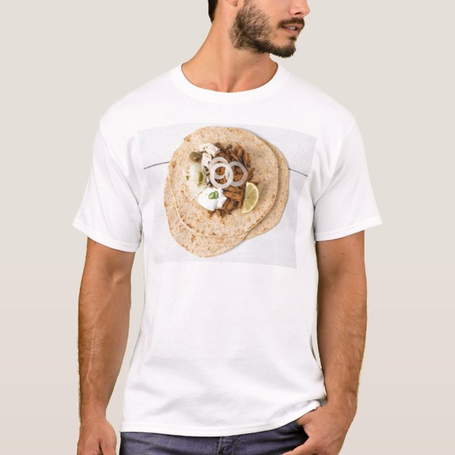 Camiseta Gyros pita com tzatziki coleslaw azeitonas e feta (Frente)