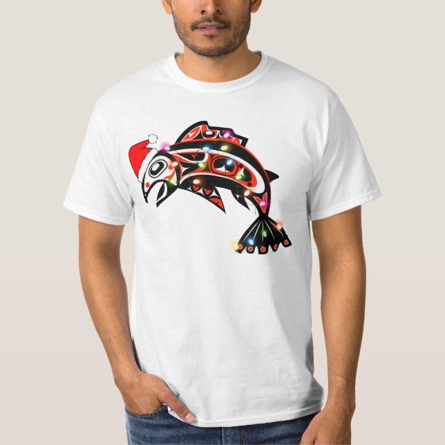Camiseta Haida Salmon Spirit Animal Com Luzes De Natal (Frente)