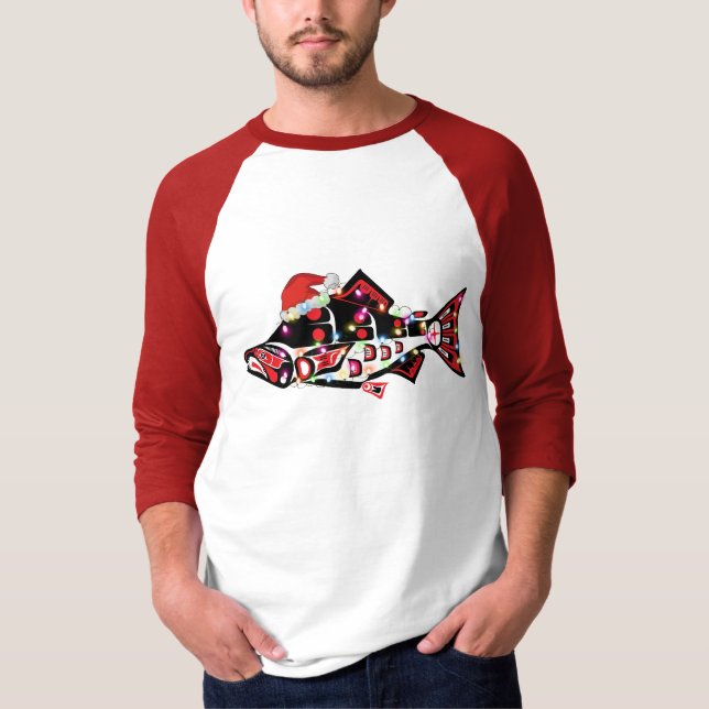 Camiseta Haida Salmon Spirit Animal Com Luzes De Natal (Frente)