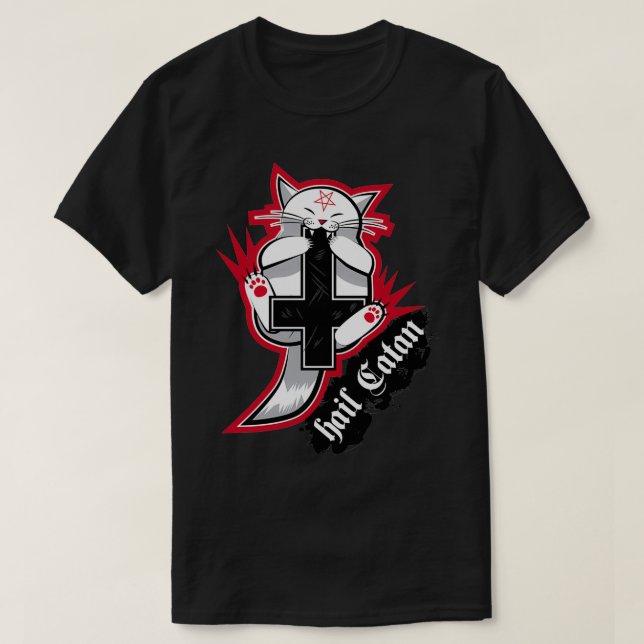 Camiseta Hail Catan Satanic cat toca com cruz (Frente do Design)