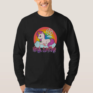 Camiseta hail Satã unicórnio texto humor feliz jo