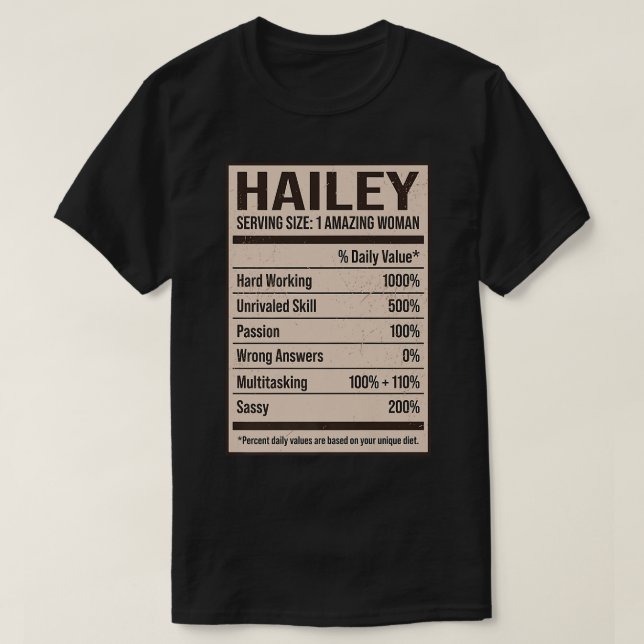 Camiseta Hailey Nutritrition Facts Name Apelido Alias Title (Frente do Design)