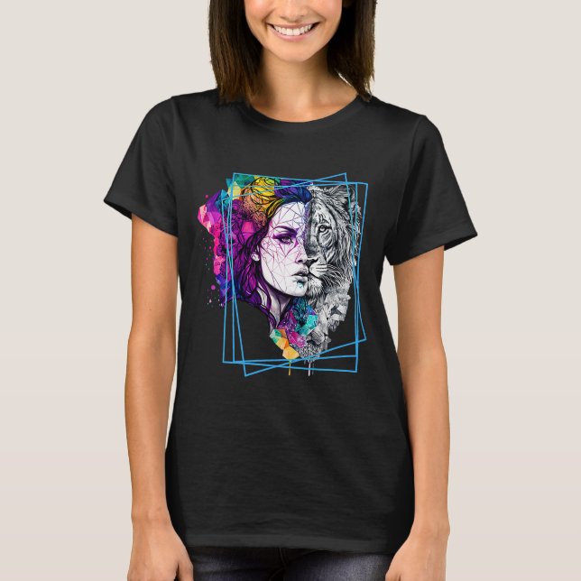 Camiseta Half Lion Half Woman Synthwave Crystals Big Cat (Frente)