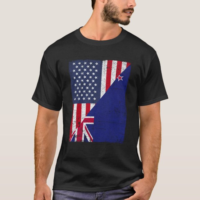 Camiseta Half USA Flag Half New Zealand Flag American New Z (Frente)