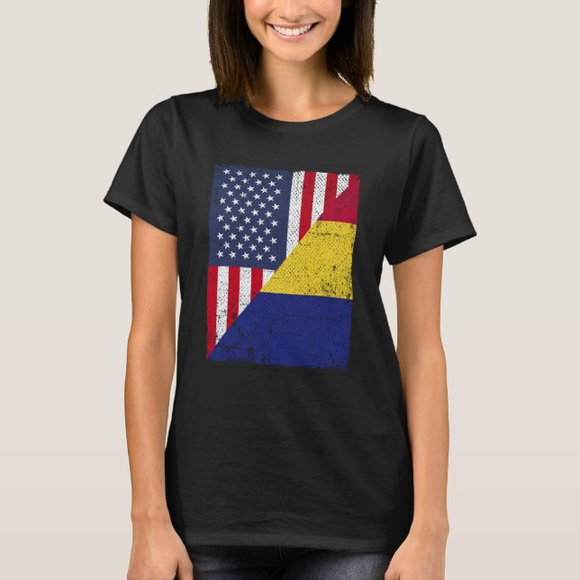 Camiseta Half USA Flag Half Romania Flag American Romanian (Frente)