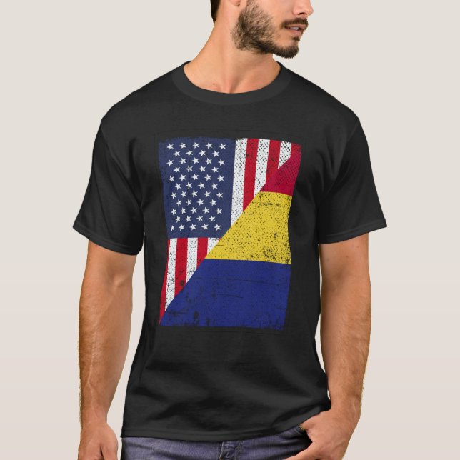 Camiseta Half USA Flag Half Romania Flag American Romanian (Frente)