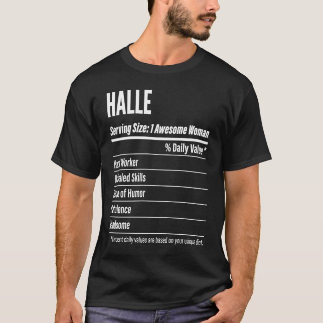 Camiseta Halle Nutritional Facts Servindo Calorias de Taman (Frente)