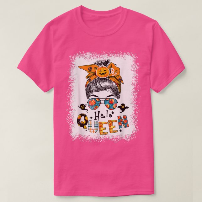 Camiseta Hallo Queen Messy Bun Witch Pumpkin Jack O Lantern (Frente do Design)