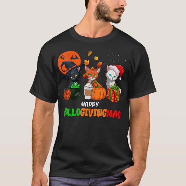 Camiseta HalloGivingMas Cats Halloween, Thanksgiving, Chris (Frente)