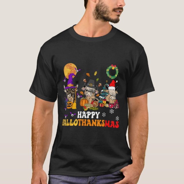 Camiseta Hallothanksmas Highland Cow Halloween Christmas Th (Frente)