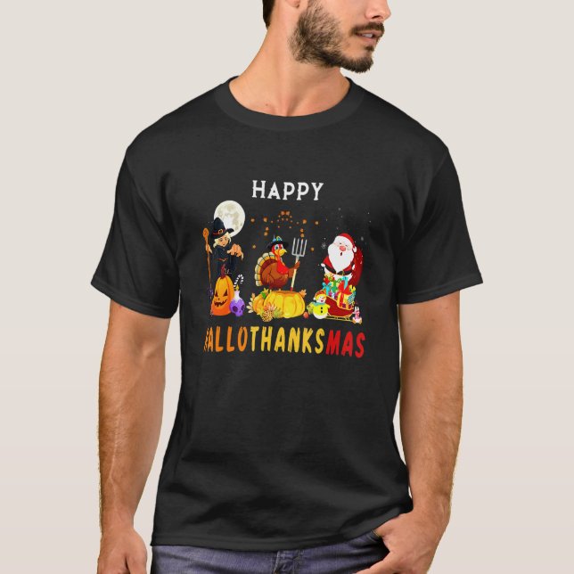 Camiseta Hallothanksmas Witch Pumpkin Turkey Santa Fall Aut (Frente)