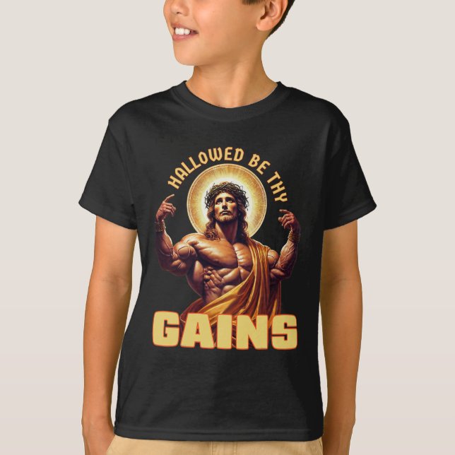 Camiseta Hallow Be Thains Gains Engraçado Gym Jesus Cristo (Frente)