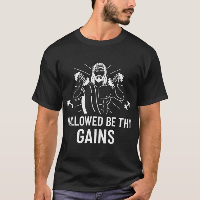 Camiseta Hallow Be Thains - Músculo Engraçado Jesus Peso (Frente)