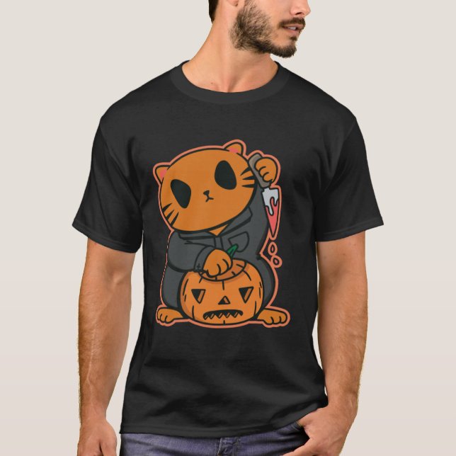 Camiseta halloweeen cat pumkin knife (Frente)