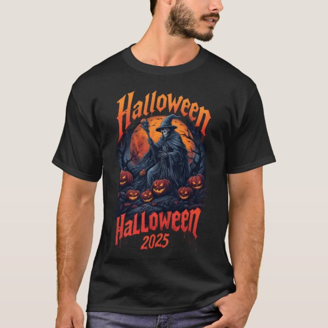 Camiseta Halloween2025 feiticeiro entre Jack-o-lanten (Frente)