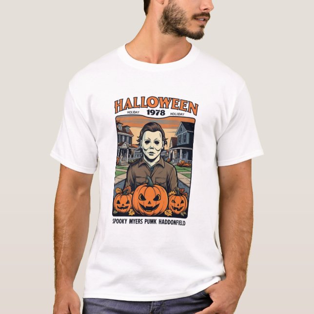 Camiseta Halloween 1978 Holiday Spooky Myers Pumpkin Haddon (Frente)