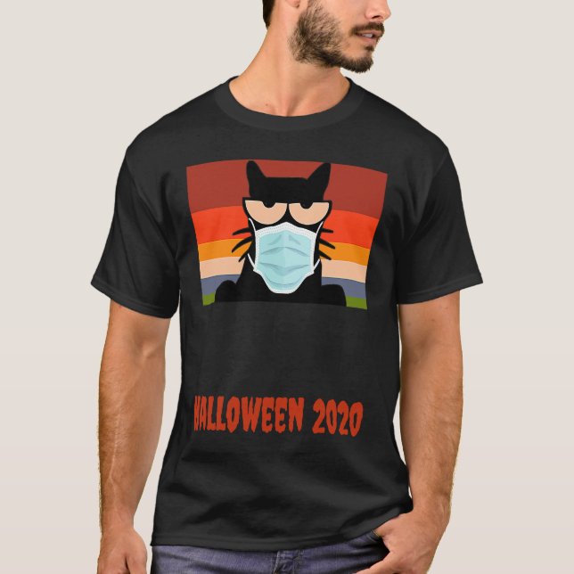 Camiseta Halloween 2020, Gato Preto com Máscara (Frente)