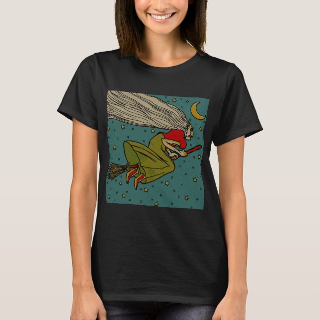 Camiseta Halloween Antigo, Bruxa Má Voadora em Vassoura (Frente)