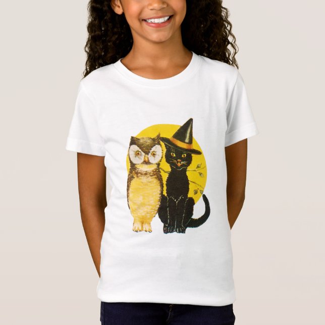 Camiseta Halloween antigo, gato preto e coruja (Frente)