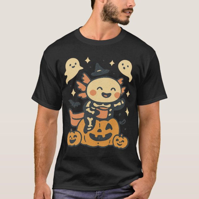Camiseta Halloween Axolotl Skeleton Cute Kawaii Ghost Kids (Frente)