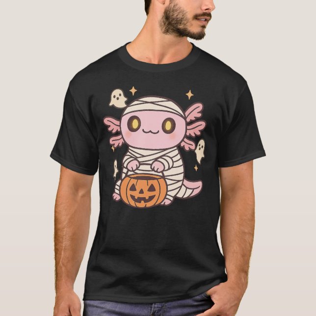 Camiseta Halloween Axolotl Witch Mummy Kawaii Ghost Pumpkin (Frente)